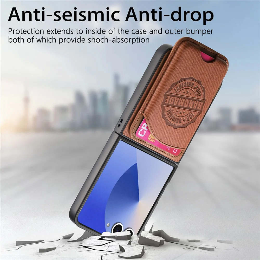 For Samsung Galaxy Z Flip7 5G Case with Card Bag Compatible with MagSafe Denim Texture Leather Back Cover - Brown - Image 4