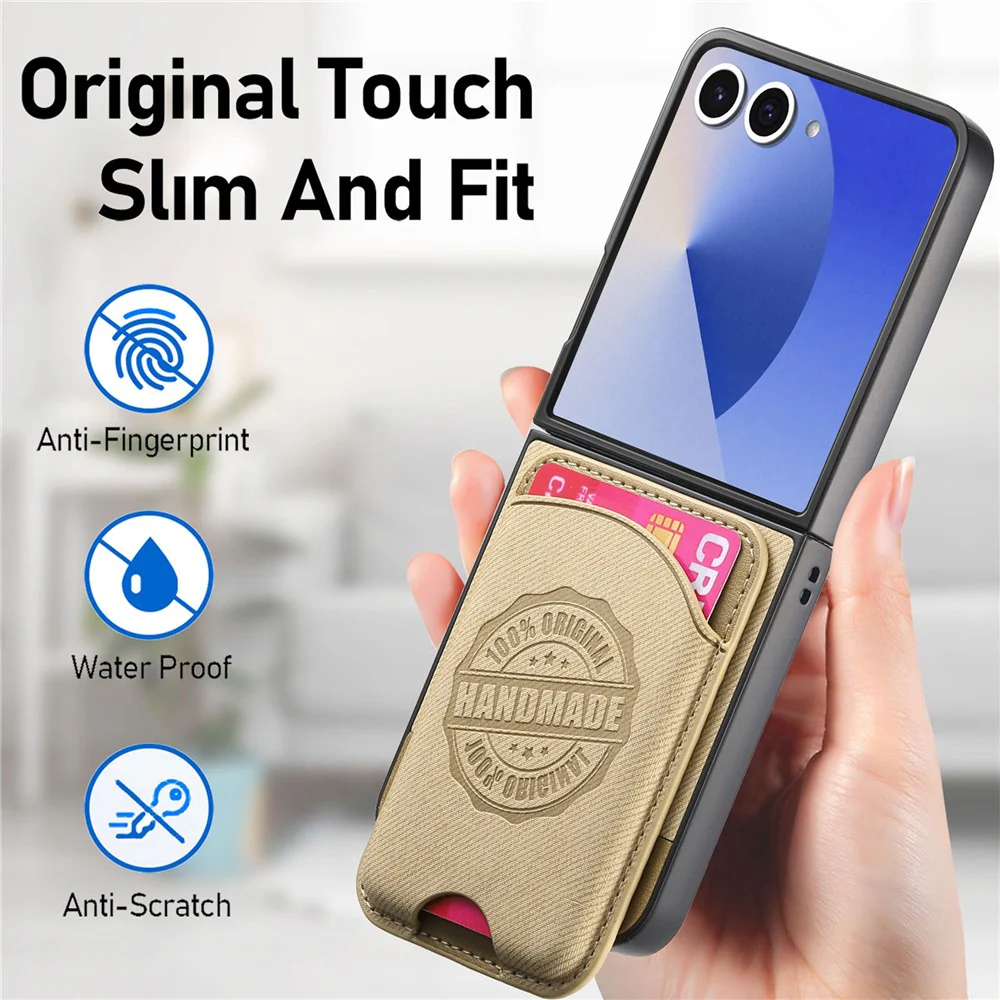 For Samsung Galaxy Z Flip7 5G Case with Card Bag Compatible with MagSafe Denim Texture Leather Back Cover - Khaki - Image 6
