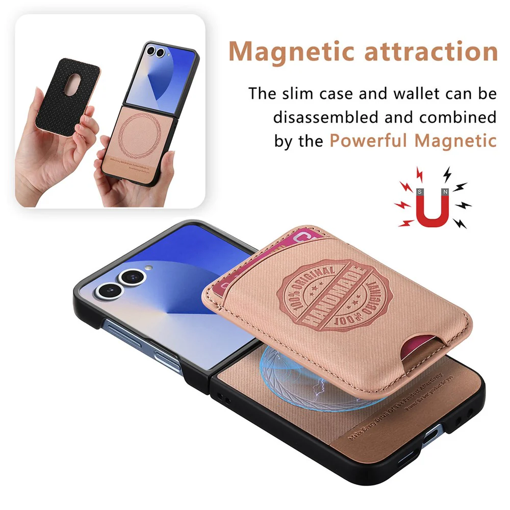 For Samsung Galaxy Z Flip7 5G Case with Card Bag Compatible with MagSafe Denim Texture Leather Back Cover - Pink - Image 3