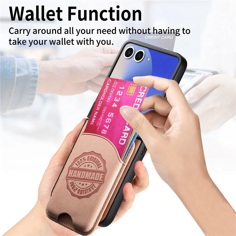 For Samsung Galaxy Z Flip7 5G Case with Card Bag Compatible with MagSafe Denim Texture Leather Back Cover - Pink - Image 5
