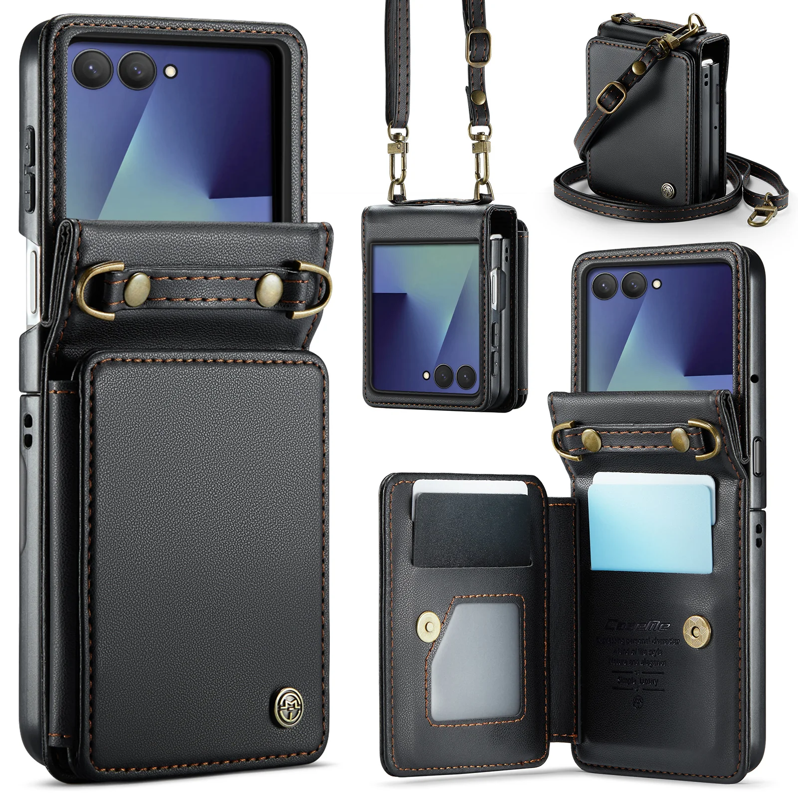 For Samsung Galaxy Z Flip7 5G Case with RFID Blocking 5 Card Slots CASEME C22 Leather Back Cover - Black
