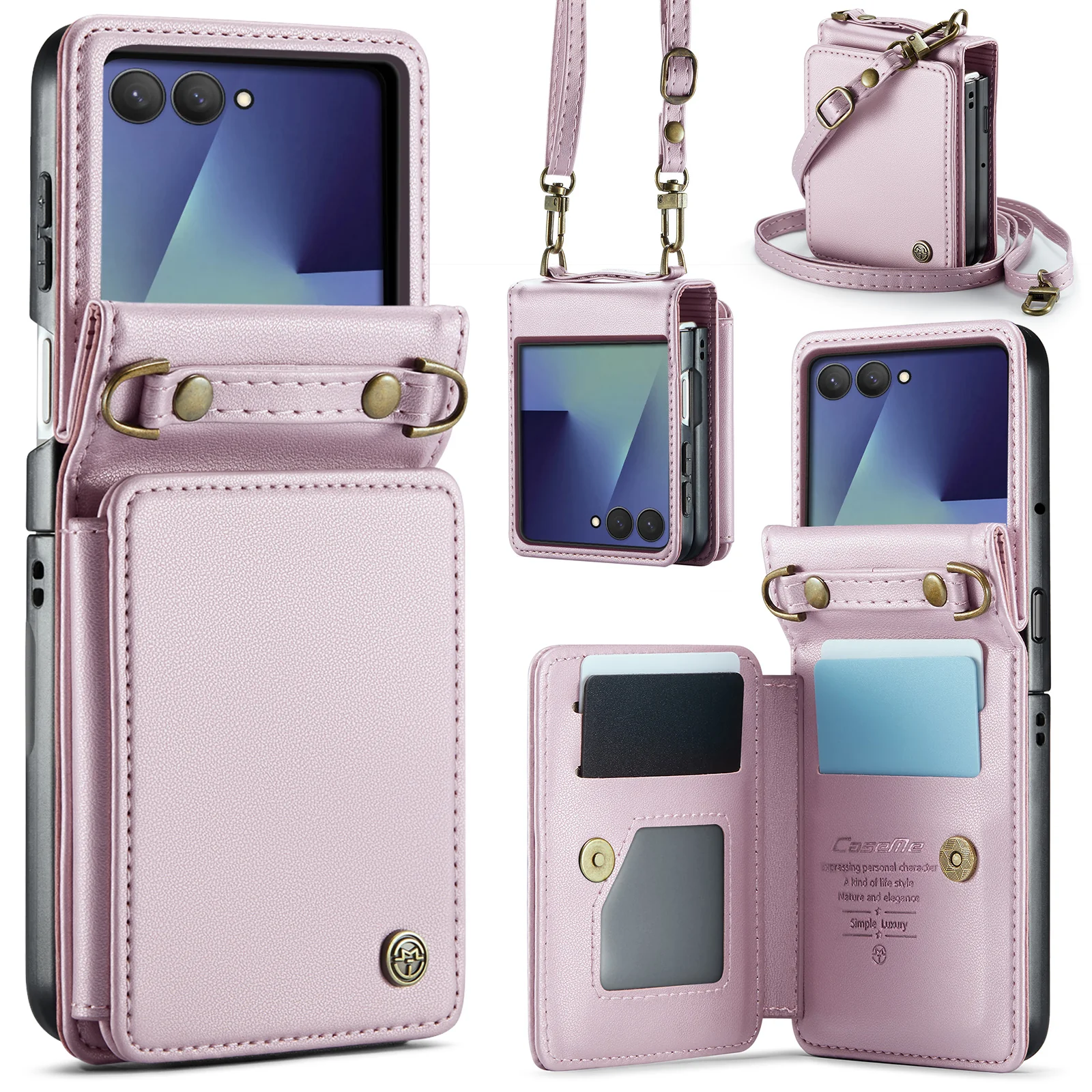 For Samsung Galaxy Z Flip7 5G Case with RFID Blocking 5 Card Slots CASEME C22 Leather Back Cover - Pink