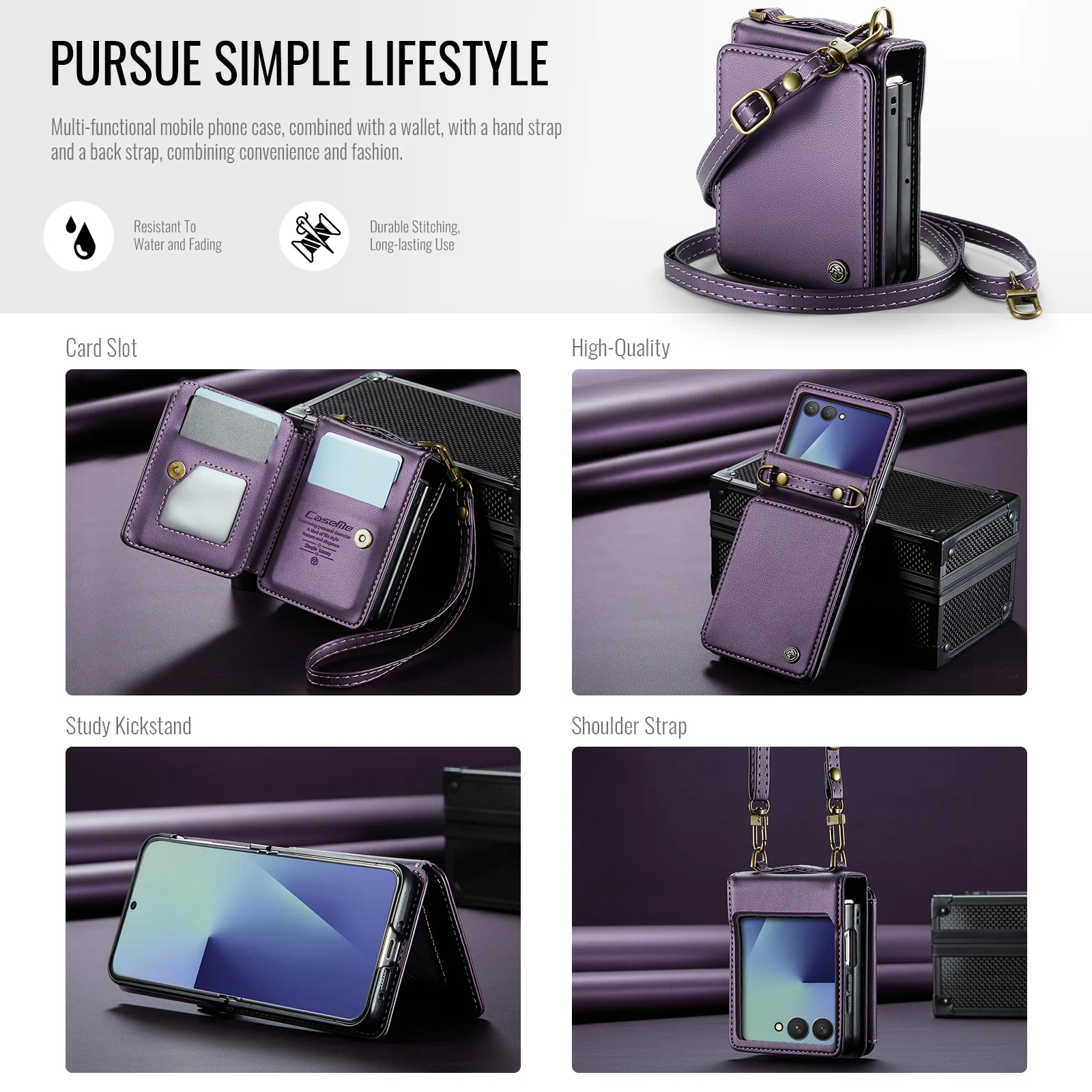 For Samsung Galaxy Z Flip7 5G Case with RFID Blocking 5 Card Slots CASEME C22 Leather Back Cover - Purple - Image 2