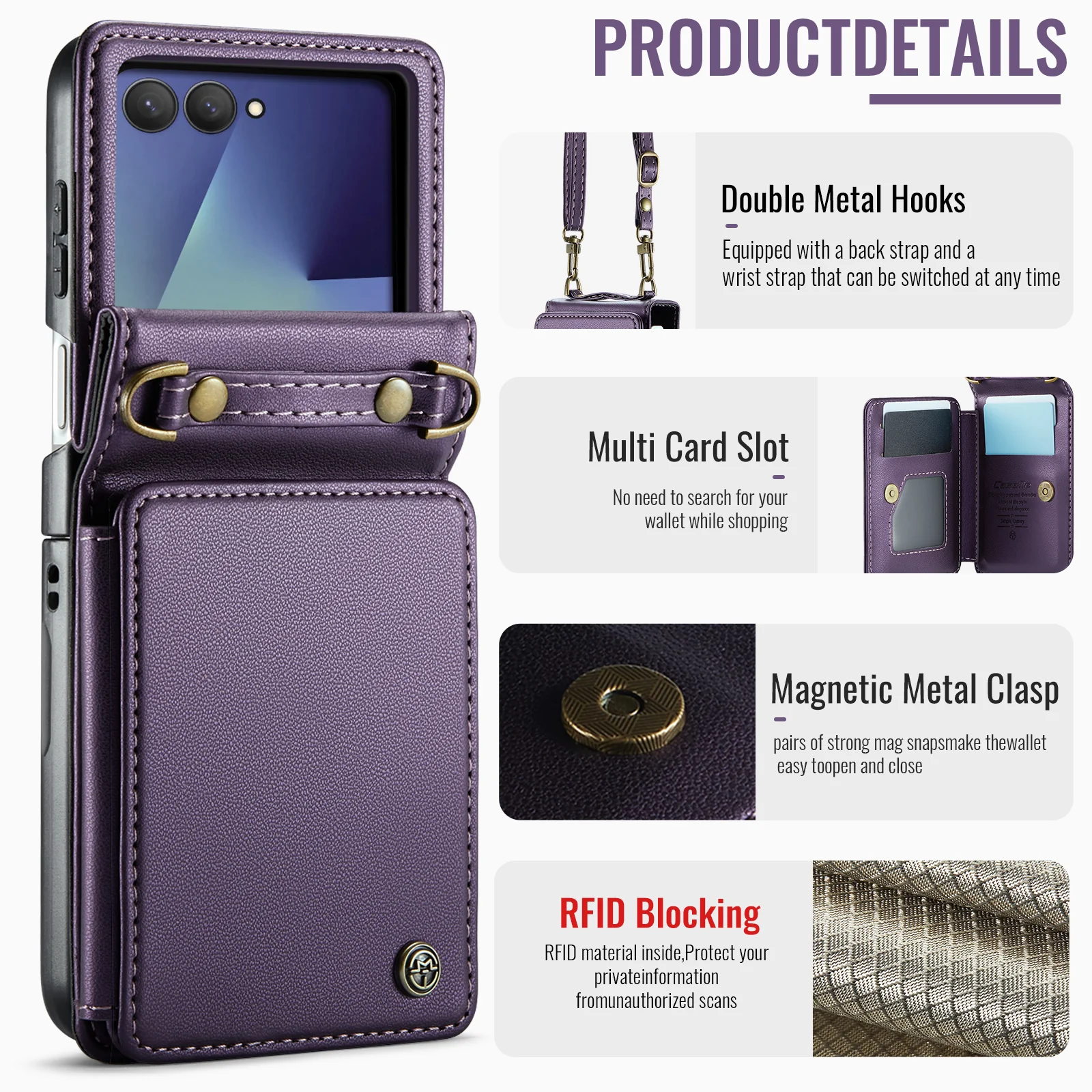 For Samsung Galaxy Z Flip7 5G Case with RFID Blocking 5 Card Slots CASEME C22 Leather Back Cover - Purple - Image 3