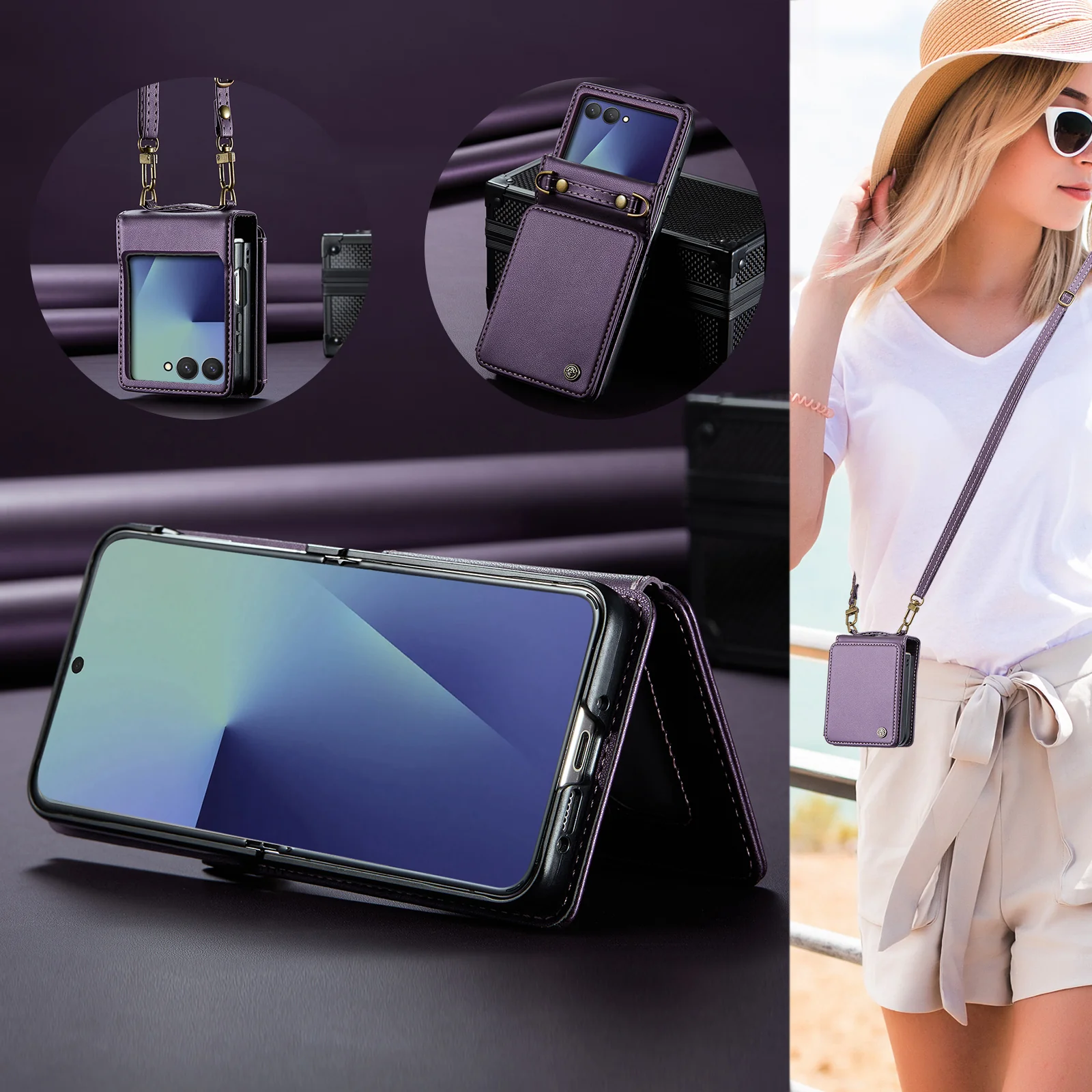 For Samsung Galaxy Z Flip7 5G Case with RFID Blocking 5 Card Slots CASEME C22 Leather Back Cover - Purple - Image 4