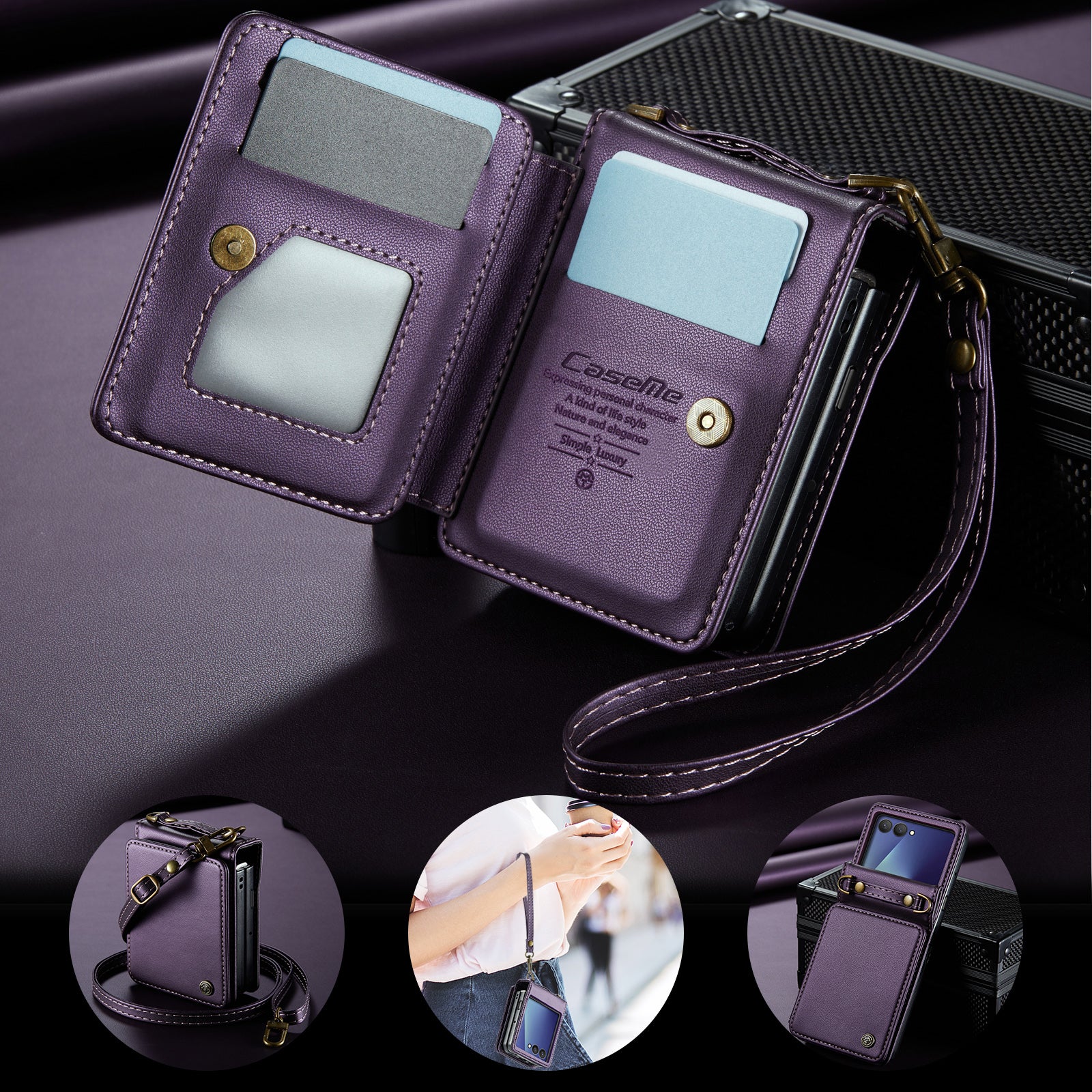 For Samsung Galaxy Z Flip7 5G Case with RFID Blocking 5 Card Slots CASEME C22 Leather Back Cover - Purple - Image 7