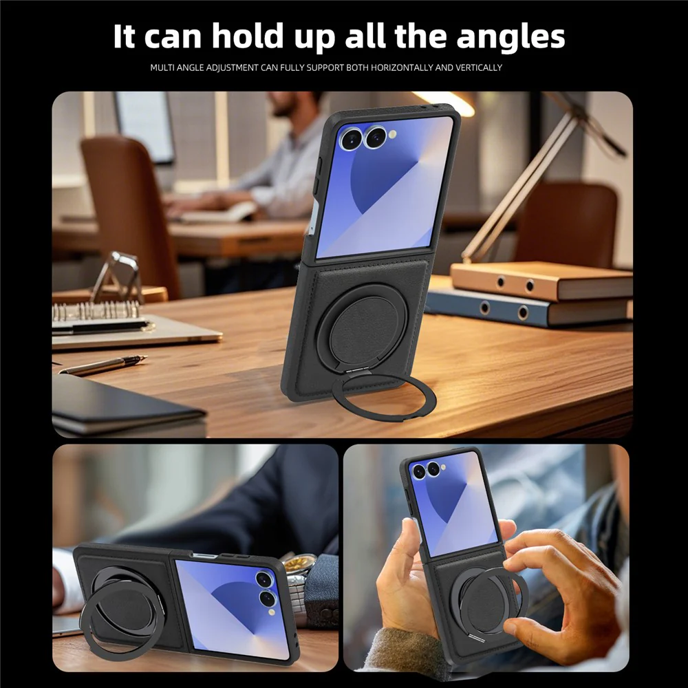 For Samsung Galaxy Z Flip7 5G Case with Ring Kickstand Compatible with MagSafe PU Leather Back Cover - Black - Image 6
