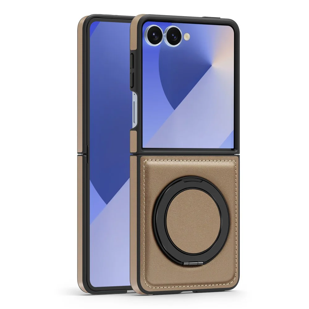 For Samsung Galaxy Z Flip7 5G Case with Ring Kickstand Compatible with MagSafe PU Leather Back Cover - Desert Gold - Image 2