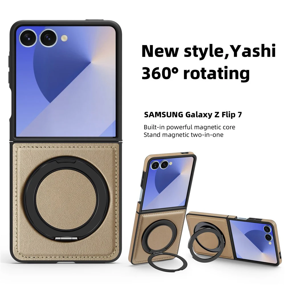 For Samsung Galaxy Z Flip7 5G Case with Ring Kickstand Compatible with MagSafe PU Leather Back Cover - Desert Gold - Image 3