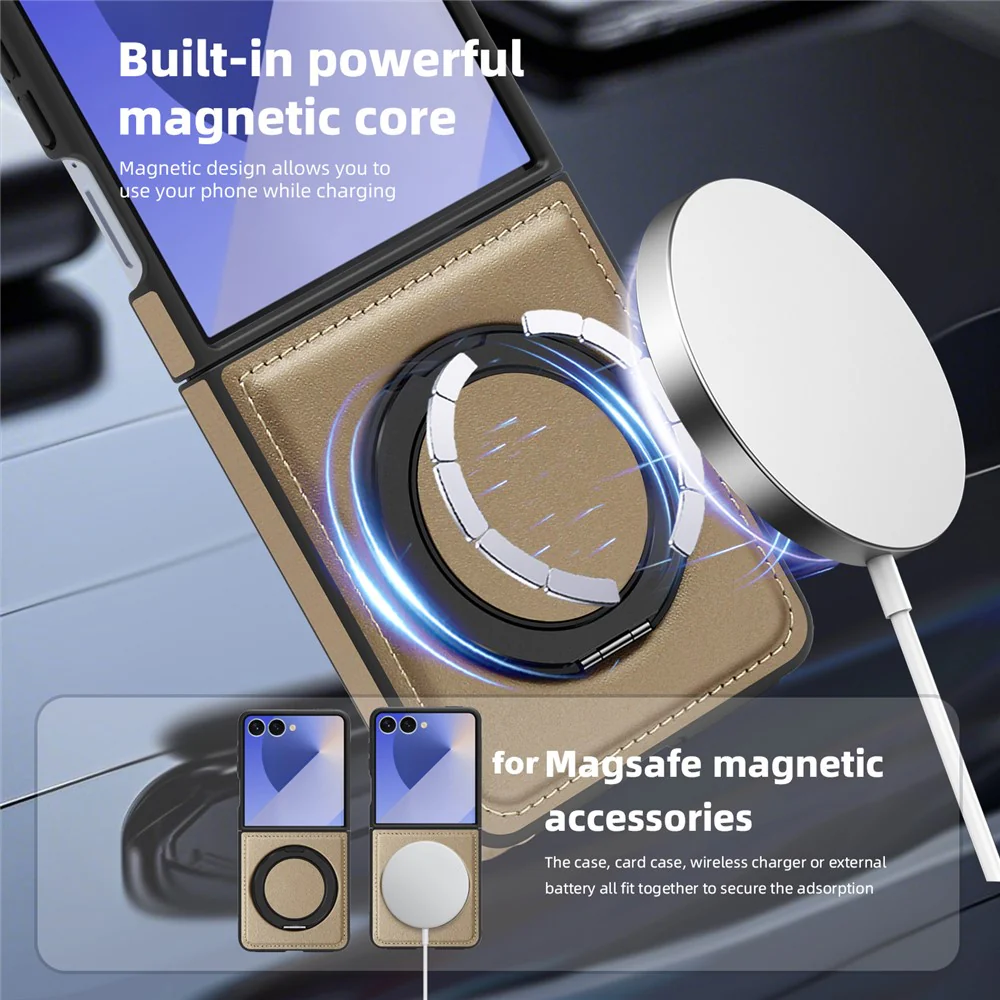 For Samsung Galaxy Z Flip7 5G Case with Ring Kickstand Compatible with MagSafe PU Leather Back Cover - Desert Gold - Image 4