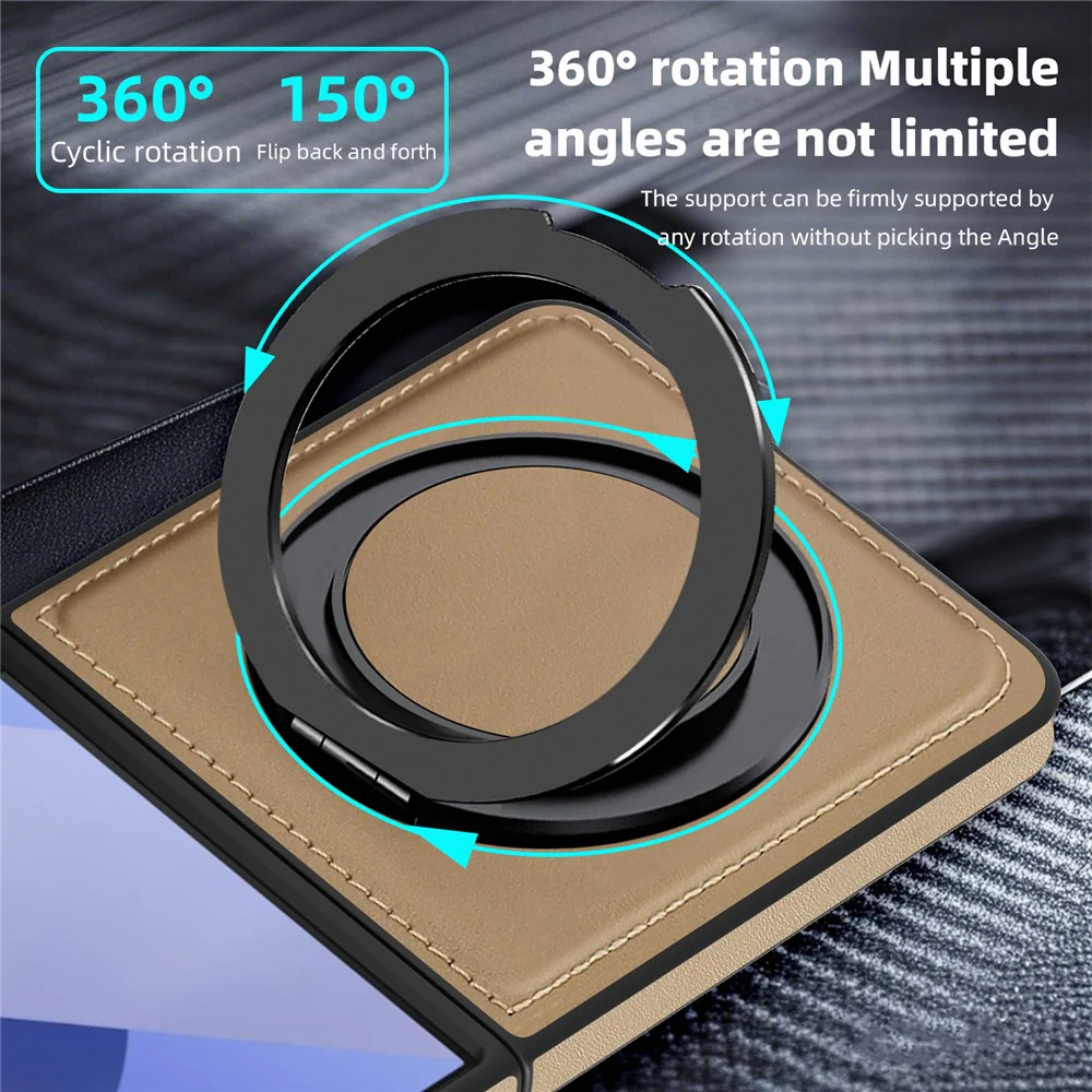 For Samsung Galaxy Z Flip7 5G Case with Ring Kickstand Compatible with MagSafe PU Leather Back Cover - Desert Gold - Image 5