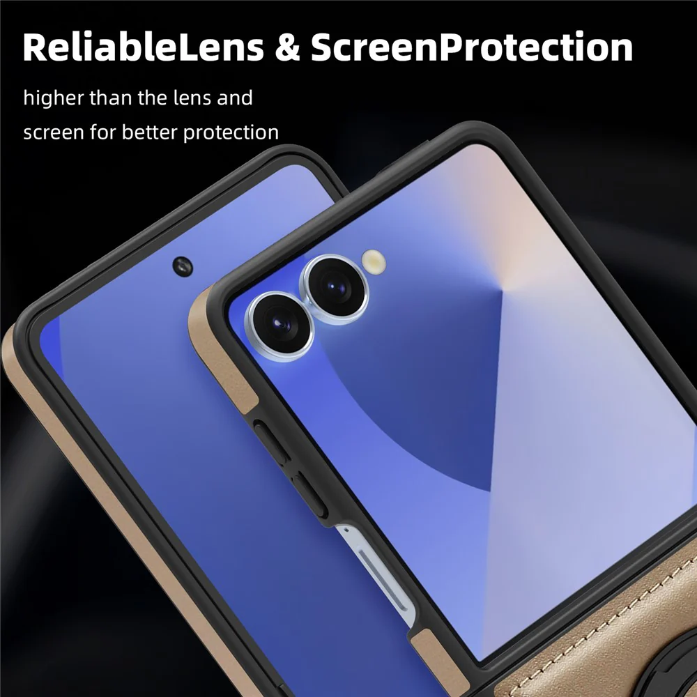 For Samsung Galaxy Z Flip7 5G Case with Ring Kickstand Compatible with MagSafe PU Leather Back Cover - Desert Gold - Image 8