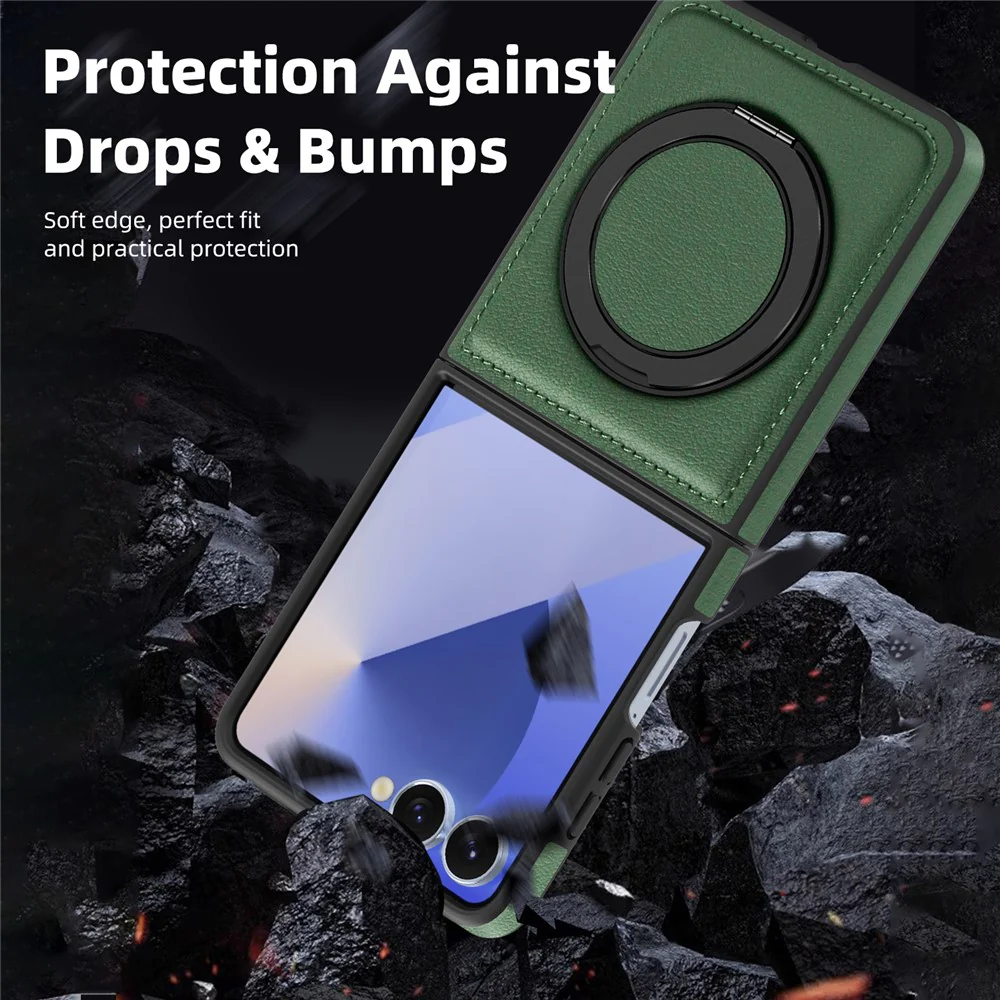 For Samsung Galaxy Z Flip7 5G Case with Ring Kickstand Compatible with MagSafe PU Leather Back Cover - Green - Image 6