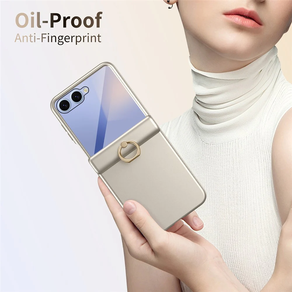 For Samsung Galaxy Z Flip7 5G Case with Tempered Glass Film Ring Holder Kickstand PC Phone Cover - Gold - Image 4