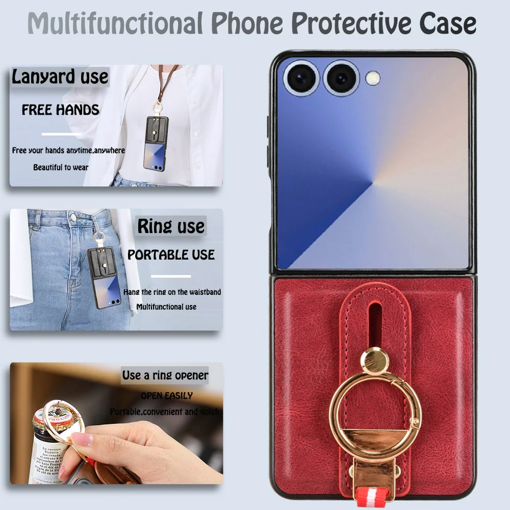 For Samsung Galaxy Z Flip7 5G Case Wristband Kickstand Leather + PC + TPU Phone Cover with Bottle Opener - Red - Image 5