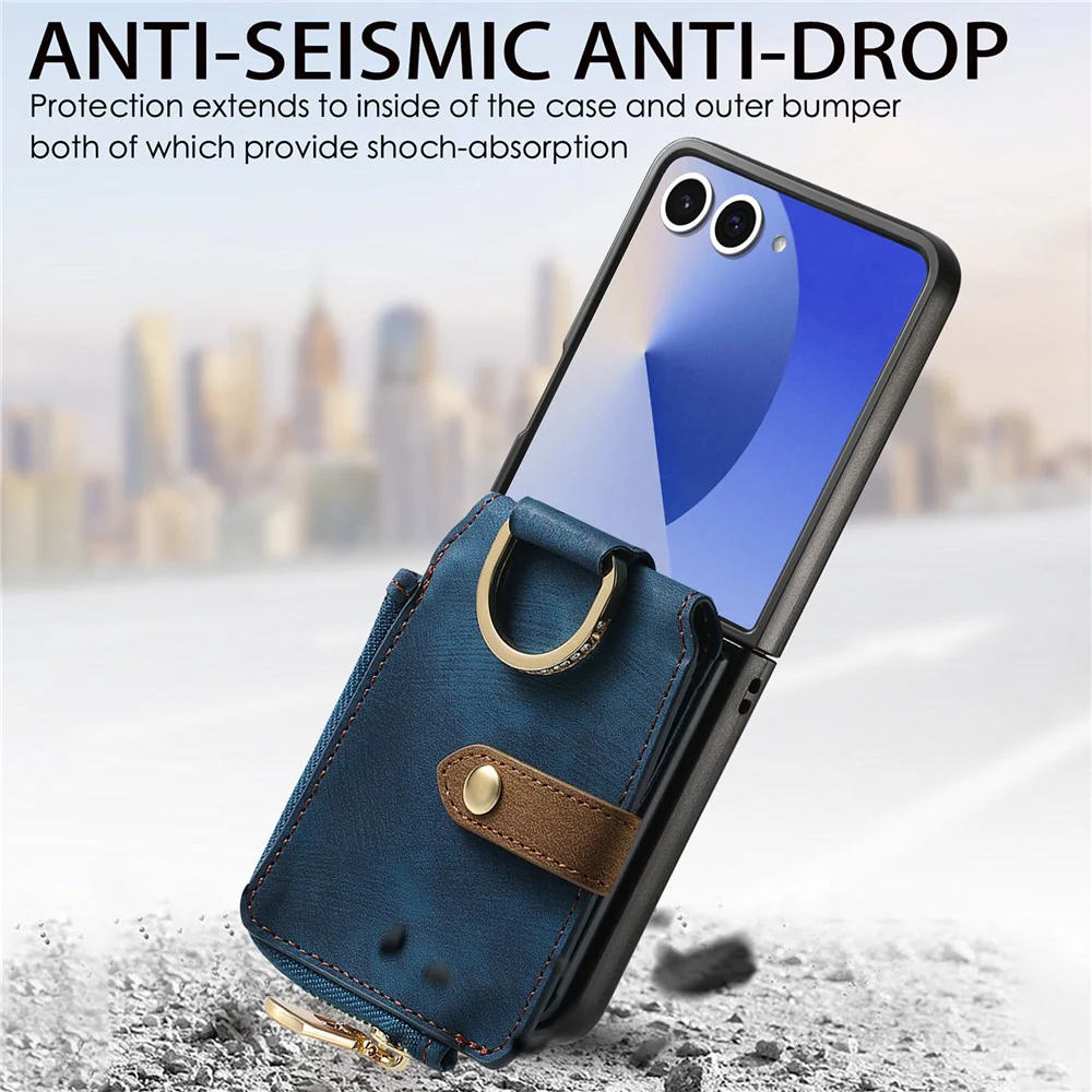 For Samsung Galaxy Z Flip7 5G Case Zipper Pocket Card Holder Retro Texture Leather Back Cover - Blue - Image 6