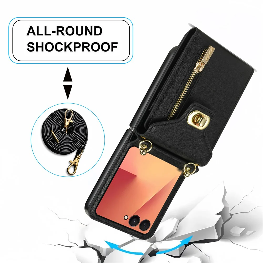 For Samsung Galaxy Z Flip7 5G Case Zipper Wallet Design PU PC Phone Cover with Long Strap - Black - Image 5