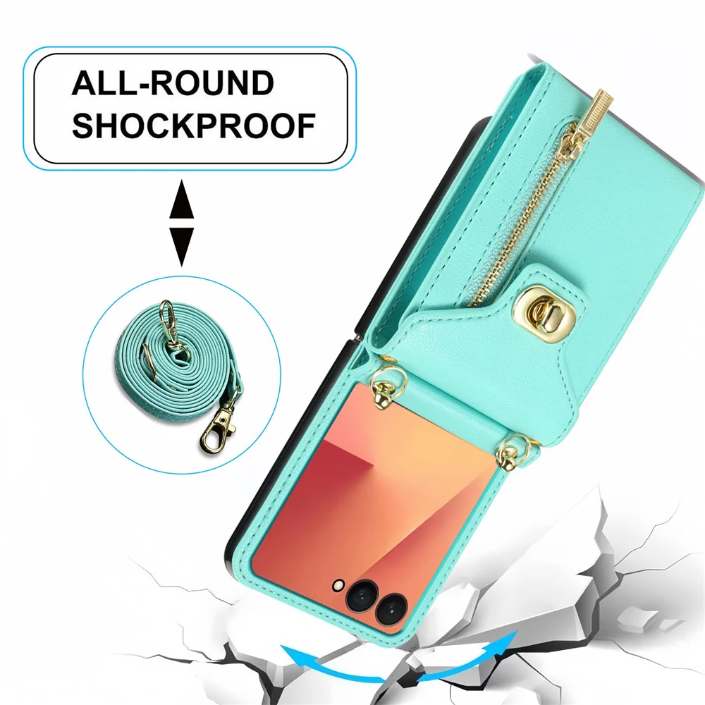 For Samsung Galaxy Z Flip7 5G Case Zipper Wallet Design PU PC Phone Cover with Long Strap - Green - Image 5