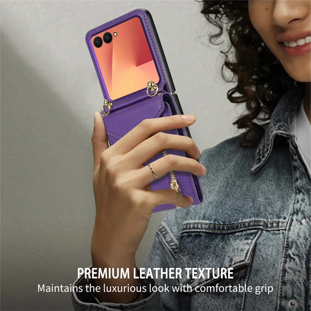 For Samsung Galaxy Z Flip7 5G Case Zipper Wallet Design PU PC Phone Cover with Long Strap - Purple - Image 6