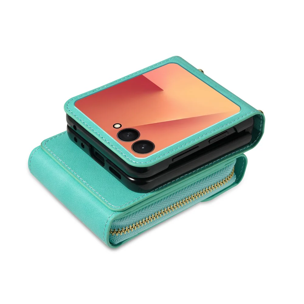 For Samsung Galaxy Z Flip7 5G Case Zipper Wallet PU Leather TPU PC Phone Cover with Shoulder Strap - Mint Green - Image 2