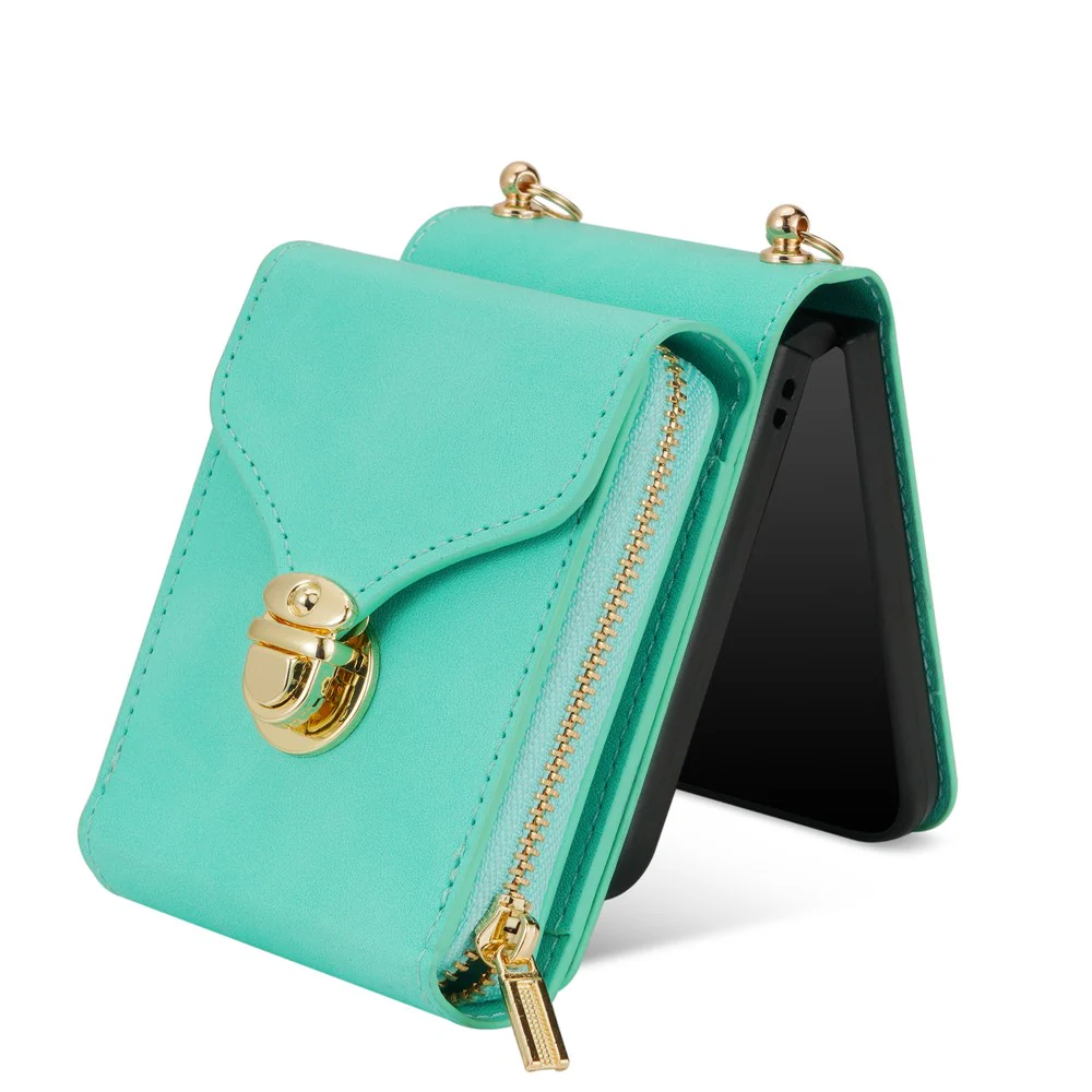 For Samsung Galaxy Z Flip7 5G Case Zipper Wallet PU Leather TPU PC Phone Cover with Shoulder Strap - Mint Green - Image 3