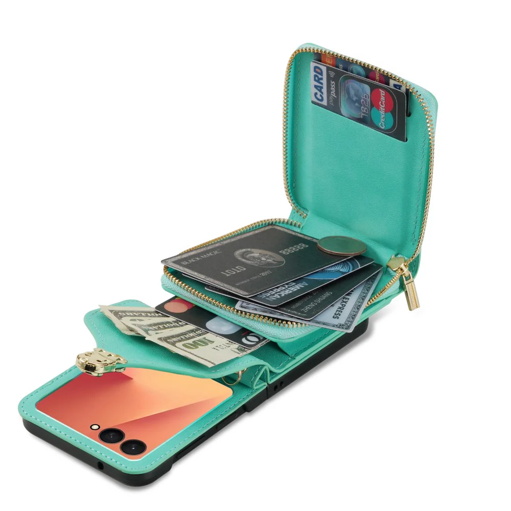 For Samsung Galaxy Z Flip7 5G Case Zipper Wallet PU Leather TPU PC Phone Cover with Shoulder Strap - Mint Green - Image 4