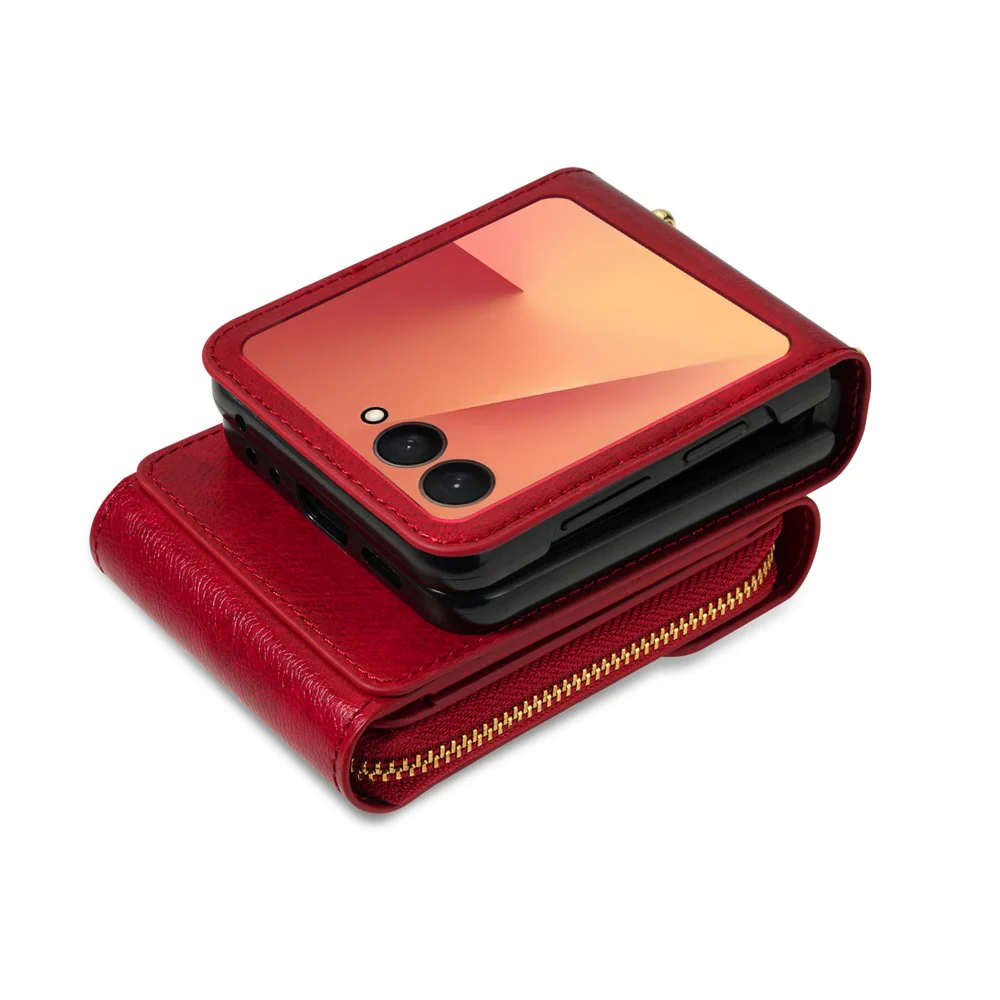 For Samsung Galaxy Z Flip7 5G Case Zipper Wallet PU Leather TPU PC Phone Cover with Shoulder Strap - Red - Image 3