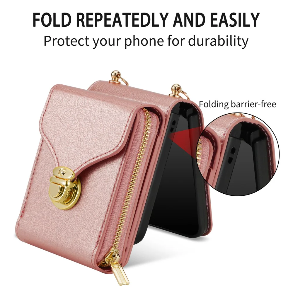 For Samsung Galaxy Z Flip7 5G Case Zipper Wallet PU Leather TPU PC Phone Cover with Shoulder Strap - Rose Gold - Image 7