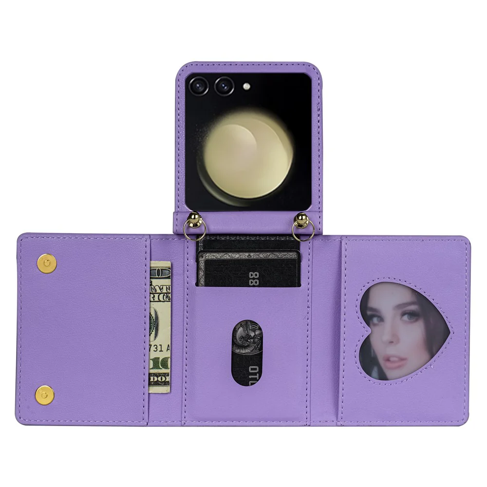 For Samsung Galaxy Z Flip7 5G Case Zipper Wallet PU + TPU + PC Phone Cover with Shoulder Strap - Purple - Image 2