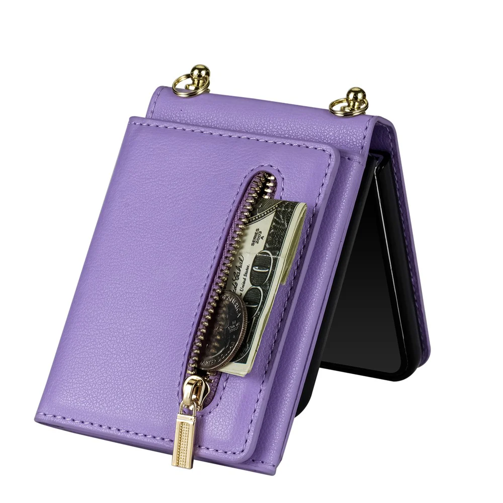 For Samsung Galaxy Z Flip7 5G Case Zipper Wallet PU + TPU + PC Phone Cover with Shoulder Strap - Purple - Image 3