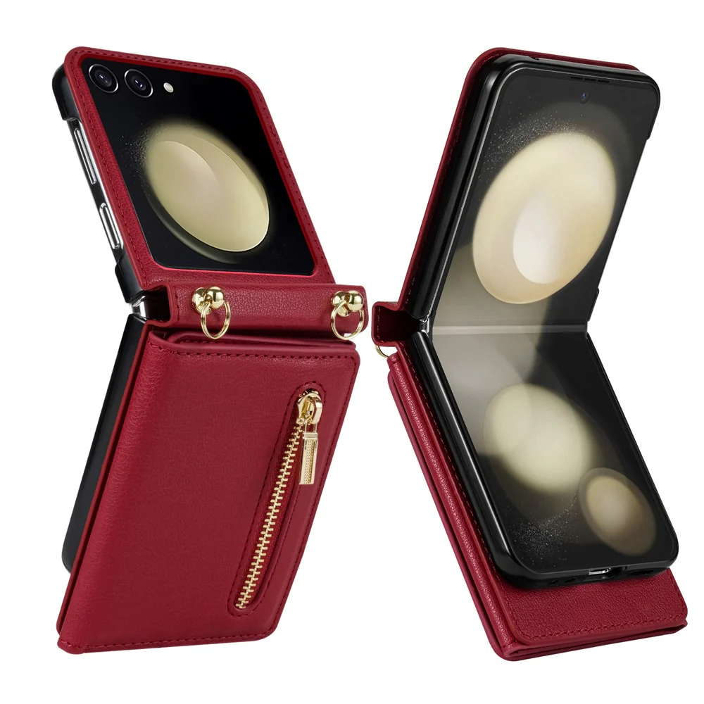For Samsung Galaxy Z Flip7 5G Case Zipper Wallet PU + TPU + PC Phone Cover with Shoulder Strap - Red - Image 5