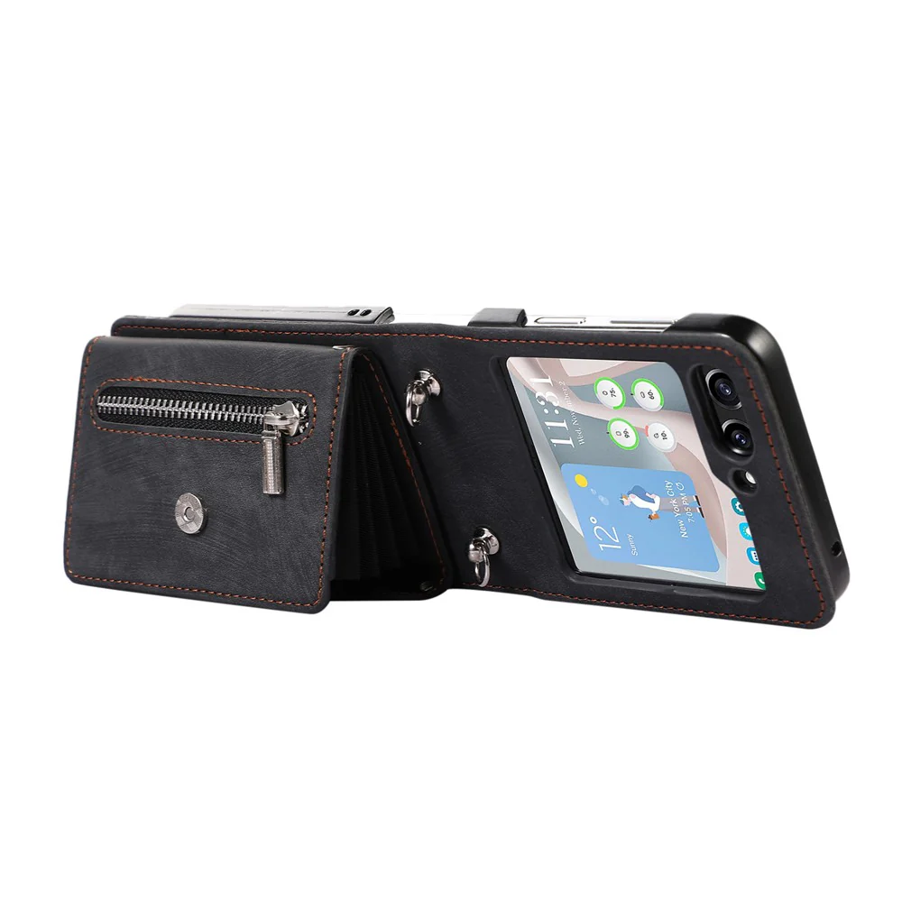 For Samsung Galaxy Z Flip7 5G Cell Phone Case PU Leather + TPU RFID Blocking Card Slots Cover with 2 Straps - Black - Image 2