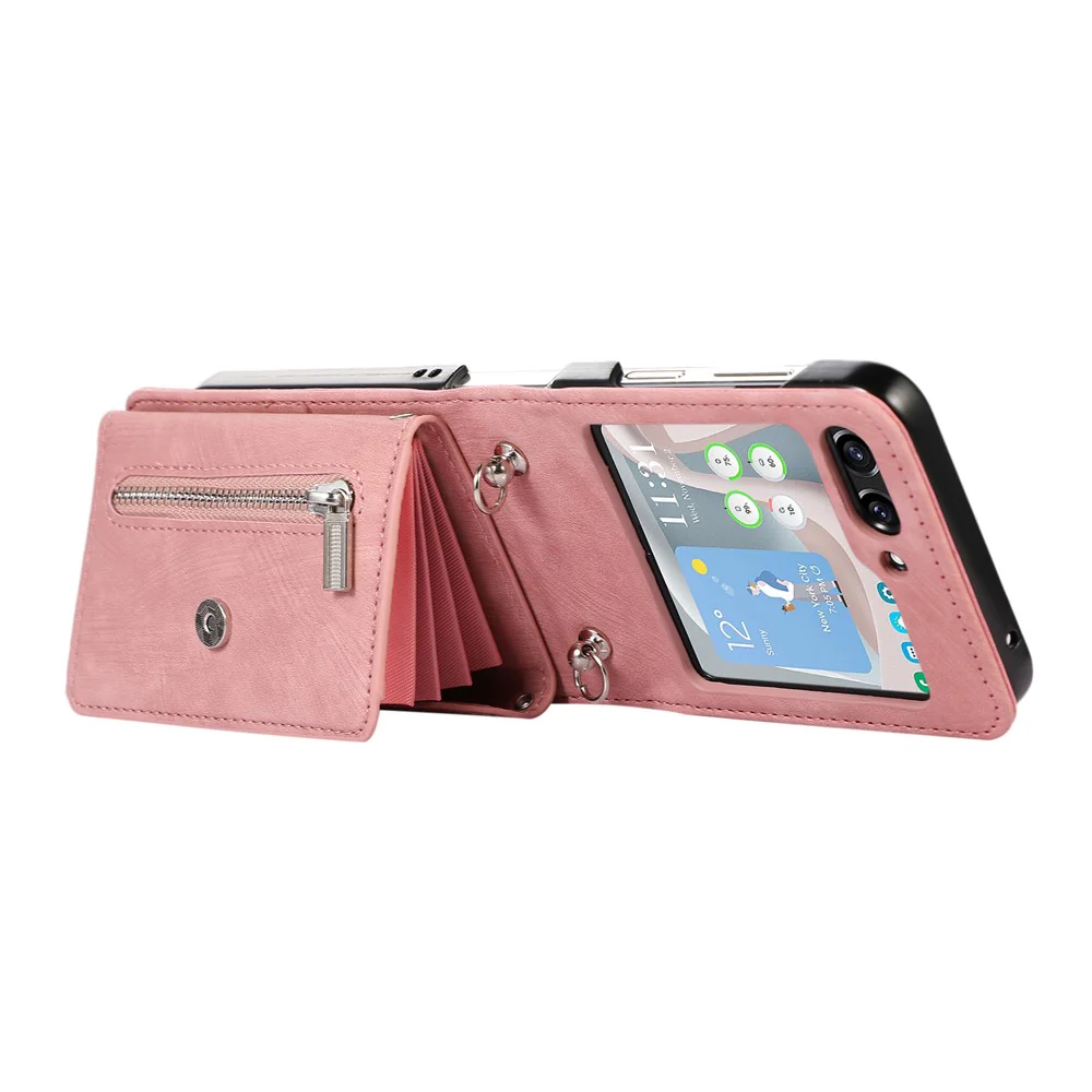 For Samsung Galaxy Z Flip7 5G Cell Phone Case PU Leather + TPU RFID Blocking Card Slots Cover with 2 Straps - Rose Gold - Image 2