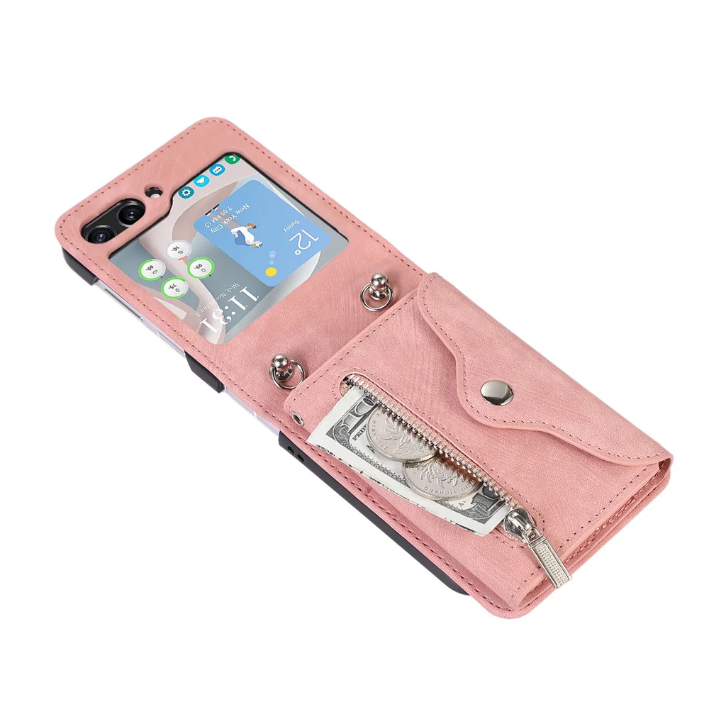 For Samsung Galaxy Z Flip7 5G Cell Phone Case PU Leather + TPU RFID Blocking Card Slots Cover with 2 Straps - Rose Gold - Image 4