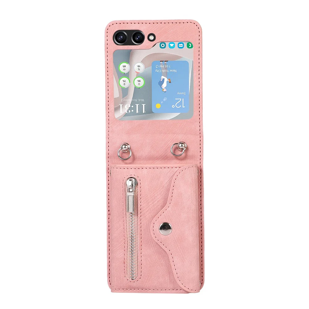 For Samsung Galaxy Z Flip7 5G Cell Phone Case PU Leather + TPU RFID Blocking Card Slots Cover with 2 Straps - Rose Gold - Image 5