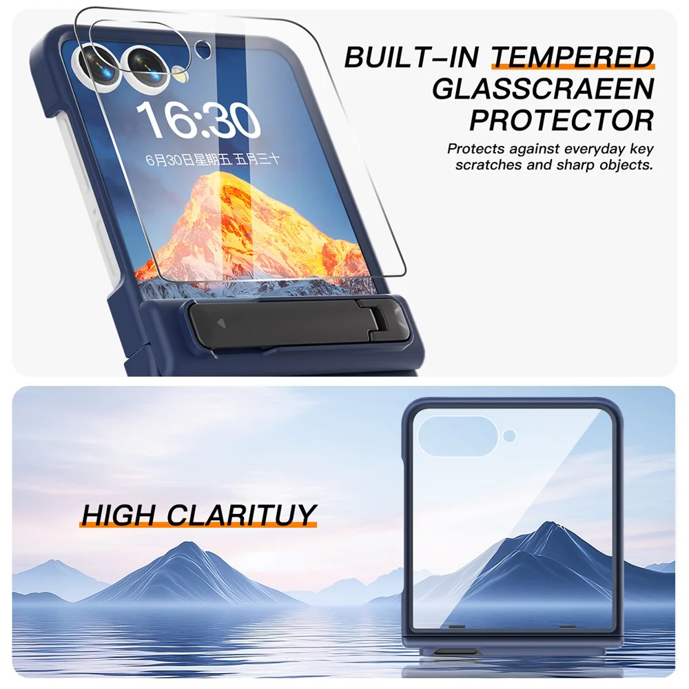 For Samsung Galaxy Z Flip7 5G Kickstand Case Hinge Protection Hard PC Phone Cover Built-In Screen Film - Dark Blue - Image 3