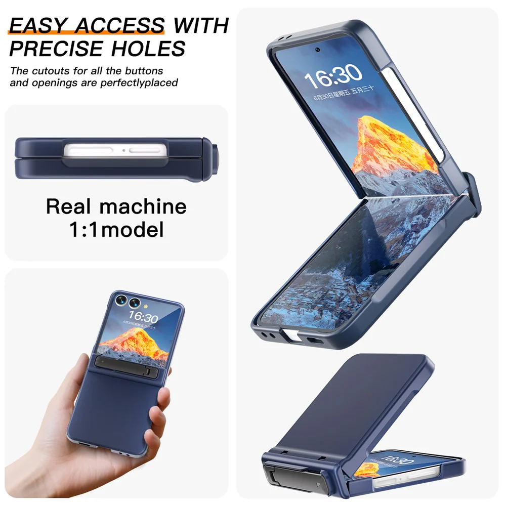 For Samsung Galaxy Z Flip7 5G Kickstand Case Hinge Protection Hard PC Phone Cover Built-In Screen Film - Dark Blue - Image 6
