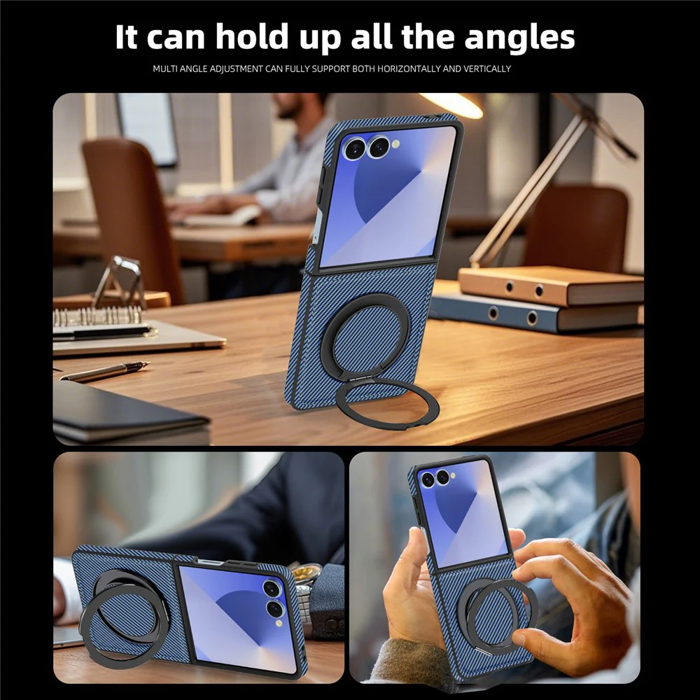 For Samsung Galaxy Z Flip7 5G Magnetic Case Carbon Fiber Texture PU + TPU Kickstand Phone Cover - Blue - Image 7