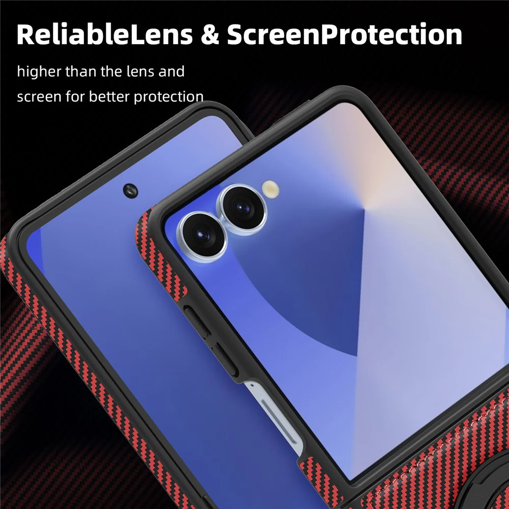 For Samsung Galaxy Z Flip7 5G Magnetic Case Carbon Fiber Texture PU + TPU Kickstand Phone Cover - Red - Image 8