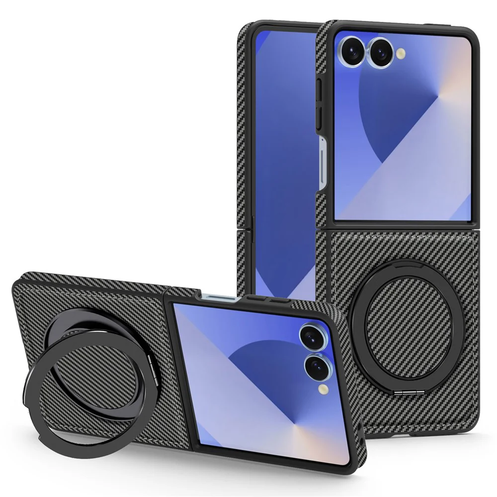 For Samsung Galaxy Z Flip7 5G Magnetic Case Carbon Fiber Texture PU + TPU Kickstand Phone Cover - Titanium Grey