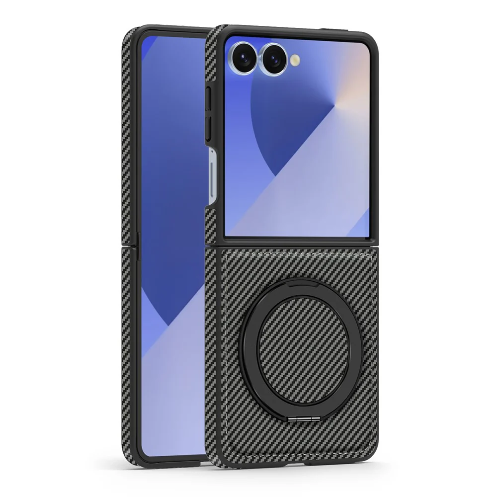 For Samsung Galaxy Z Flip7 5G Magnetic Case Carbon Fiber Texture PU + TPU Kickstand Phone Cover - Titanium Grey - Image 2