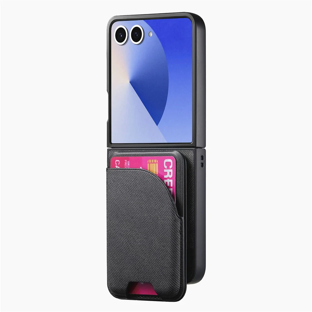 For Samsung Galaxy Z Flip7 5G Magnetic Case Kickstand Denim Texture Leather Back Cover with Detachable Card Bag - Black - Image 2
