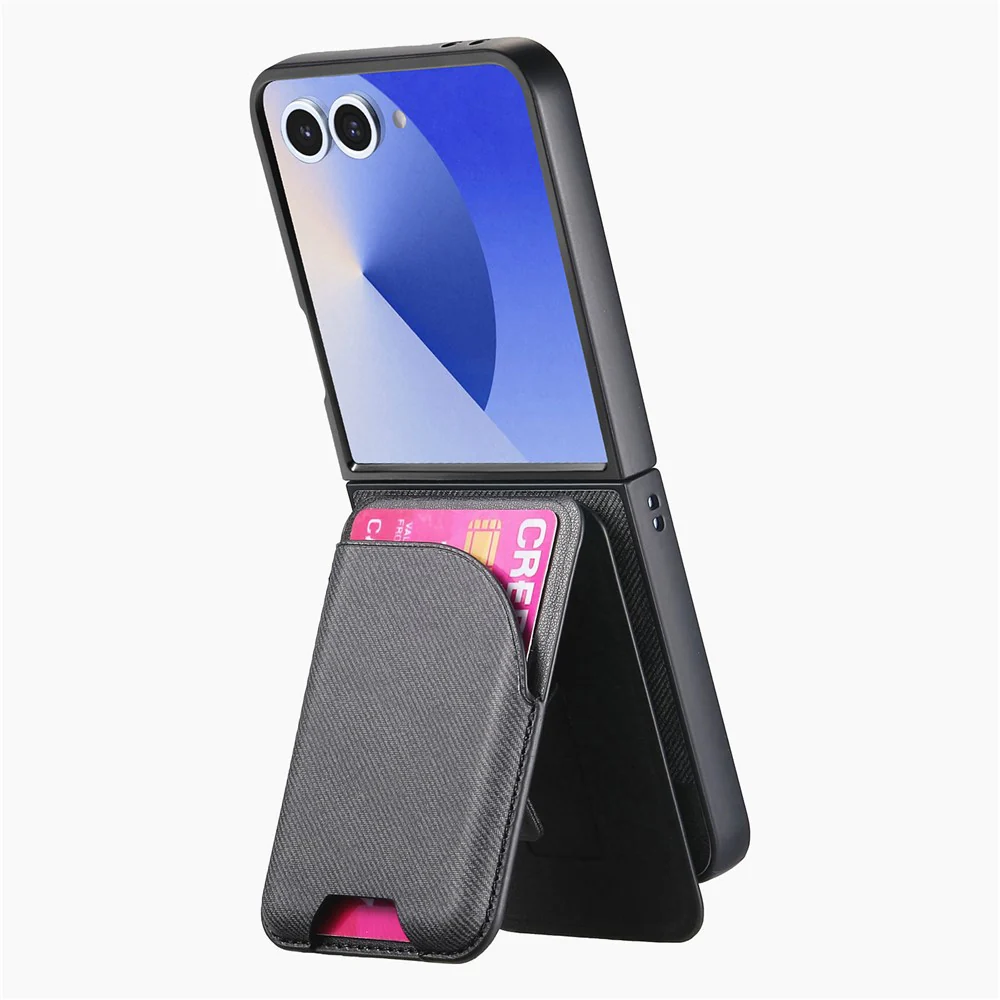 For Samsung Galaxy Z Flip7 5G Magnetic Case Kickstand Denim Texture Leather Back Cover with Detachable Card Bag - Black - Image 4