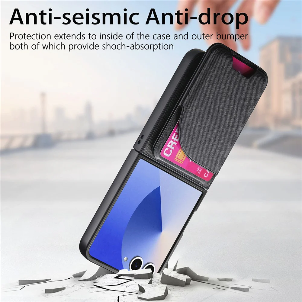 For Samsung Galaxy Z Flip7 5G Magnetic Case Kickstand Denim Texture Leather Back Cover with Detachable Card Bag - Black - Image 7