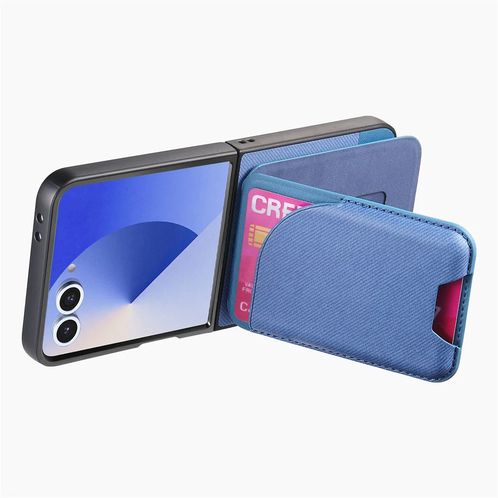 For Samsung Galaxy Z Flip7 5G Magnetic Case Kickstand Denim Texture Leather Back Cover with Detachable Card Bag - Blue - Image 3