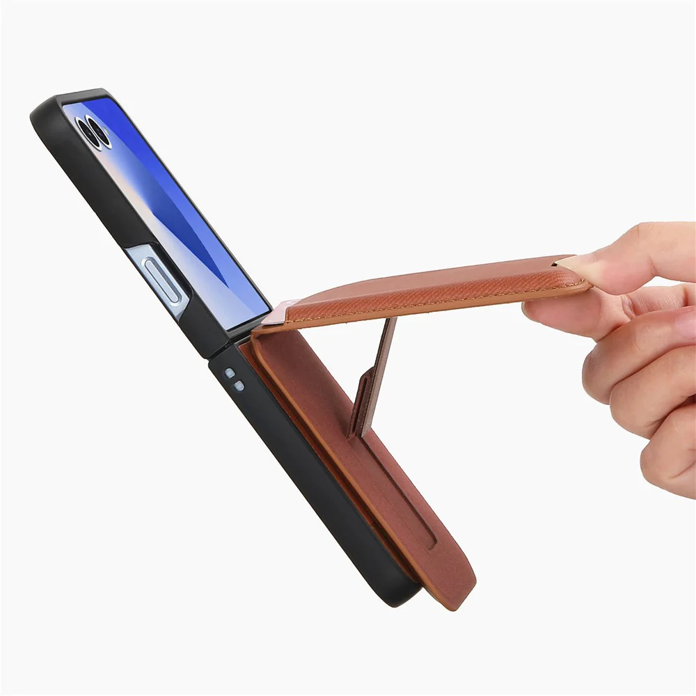 For Samsung Galaxy Z Flip7 5G Magnetic Case Kickstand Denim Texture Leather Back Cover with Detachable Card Bag - Brown - Image 5