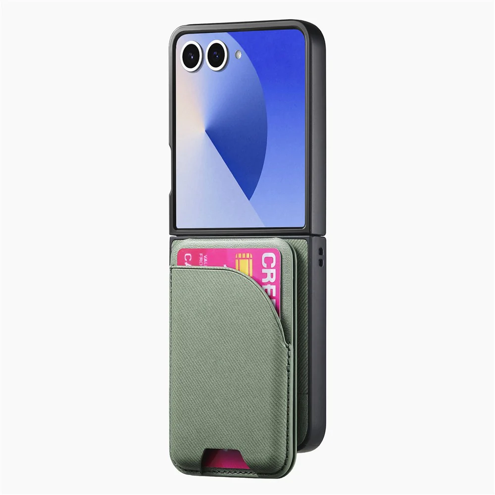 For Samsung Galaxy Z Flip7 5G Magnetic Case Kickstand Denim Texture Leather Back Cover with Detachable Card Bag - Green - Image 2