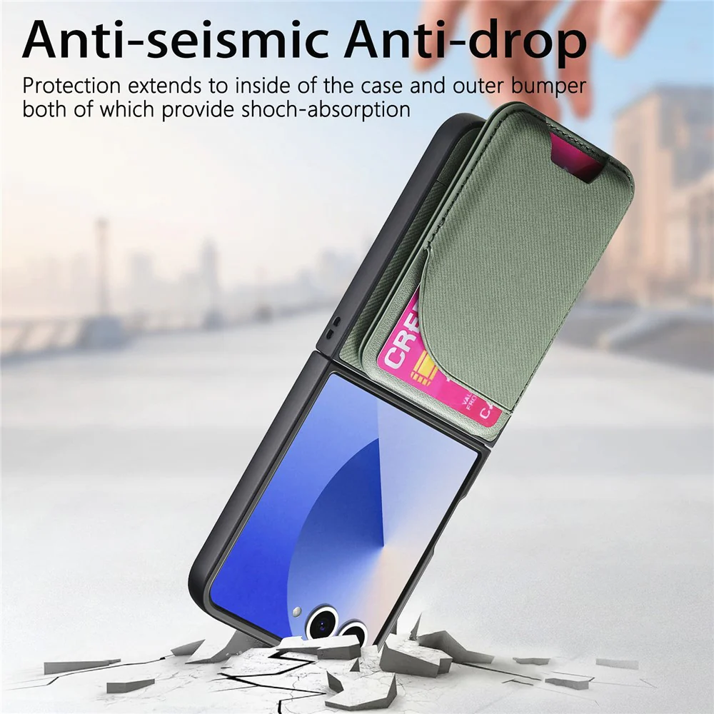 For Samsung Galaxy Z Flip7 5G Magnetic Case Kickstand Denim Texture Leather Back Cover with Detachable Card Bag - Green - Image 7