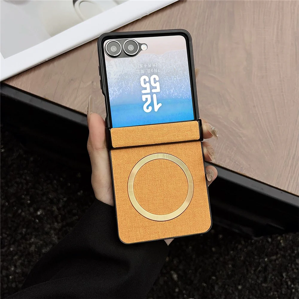 For Samsung Galaxy Z Flip7 5G Magnetic Case Leather + PC Phone Cover with Rear Screen Film and Hinge - Yellow