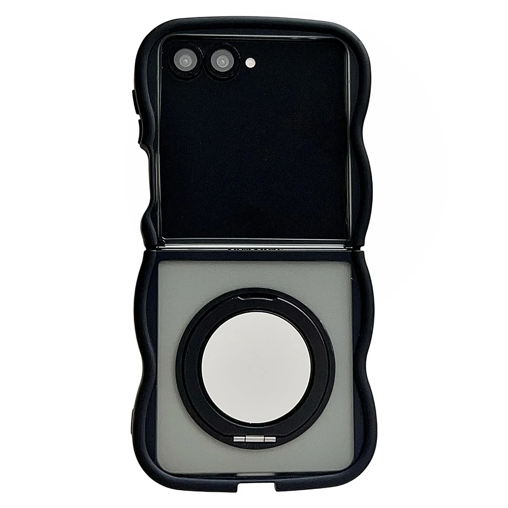 For Samsung Galaxy Z Flip7 5G Magnetic Case Mirror Rotating Kickstand Wave Edge TPU + PC Phone Cover - Black